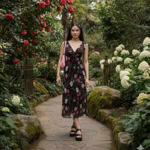 Y2K Whimsigoth Black and Red Floral Midi Dress
